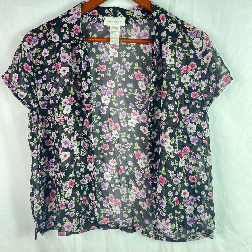NWT JONES NY Sport Womens Sheer Floral Blouse Top Sz 12P Black Career 100% SILK - Picture 9 of 9